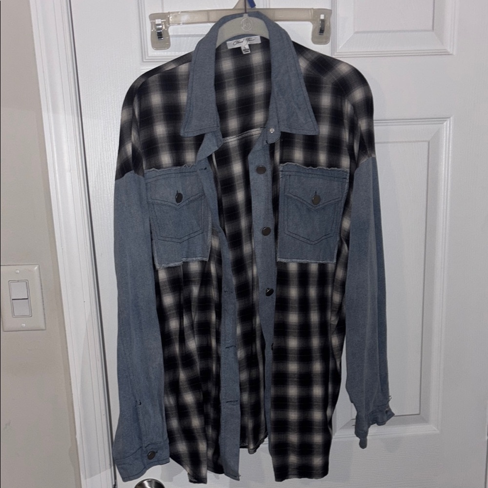 Plaid and Denim Button-Up Shirt